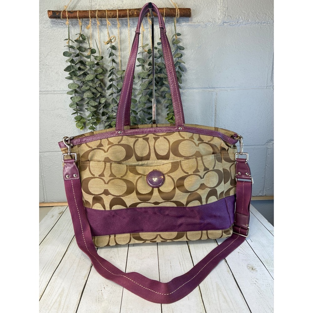 Coach Signature Canvas Tote Purple Leather Trim Diaper Bag F15188 Khaki